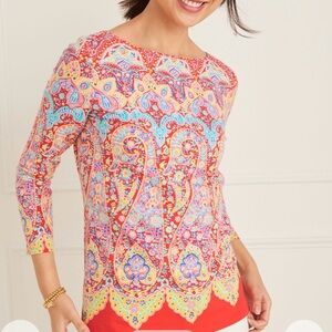 Talbots Womens Cotton Bateau Neck Tee S Medallion Paisley Stretch Casual Summer
